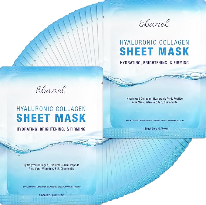 Ebanel 40 Pack Collagen Face Mask with Hyaluronic Acid, Vitamin C, Peptide, Aloe, Instant Brightening Hydrating Face Masks Skincare Korean Sheet Mask, Skin Firming, Lifting Anti Aging Facial Masks - Bloomnest