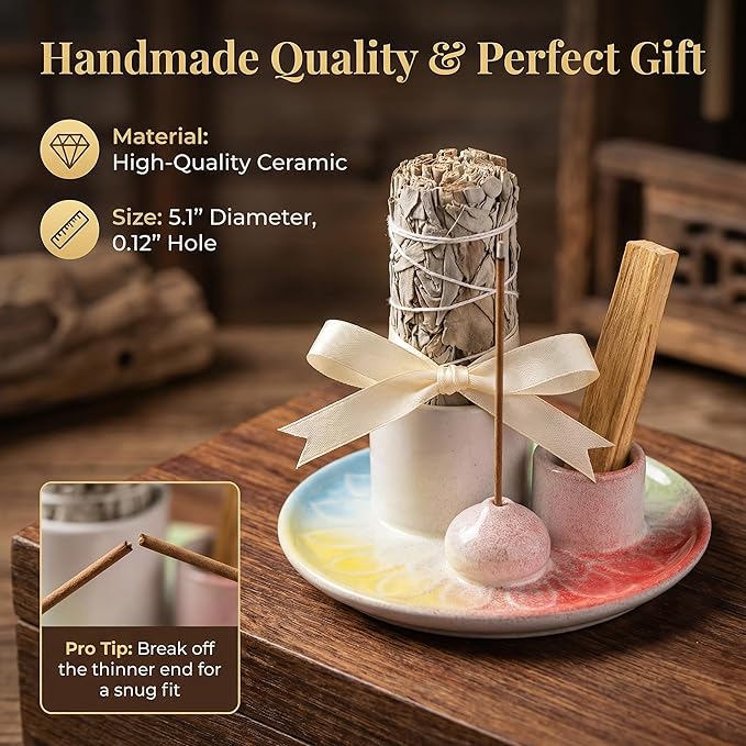 Palo Santo Sticks Holder, Multi-Purpose Handmade Ceramic Incense Burner for Palo Santo Incense Sticks, Sage Holder for Burning, Ash Catcher Tray for Meditation Yoga Room-4 Mixed Colors ToolSentryX