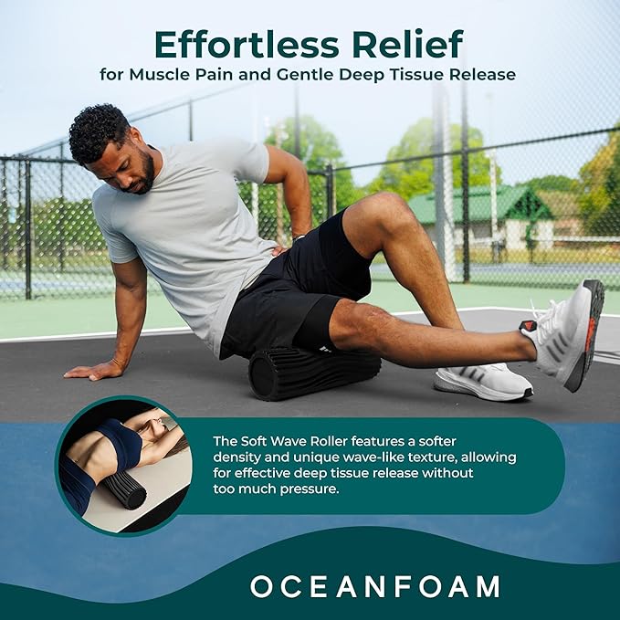 Oceanfoam Soft Tidal Roller (Black) - Low Density Foam Roller for Physical Therapy, Back Pain, Excercise & Stretching - Wave Textured - Yoga, Athletics, & Wellness - Full Size, 20" x 5" - Bloomnest