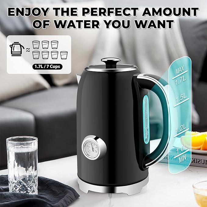 SUSTEAS Electric Kettle Temperature Control - 57oz Hot Water Boiler with Thermometer, 1500W Fast Heating Stainless Steel Tea Kettles, Cordless LED Indicator, Auto Shut-Off & Boil Dry Protection,Black - Bloomnest