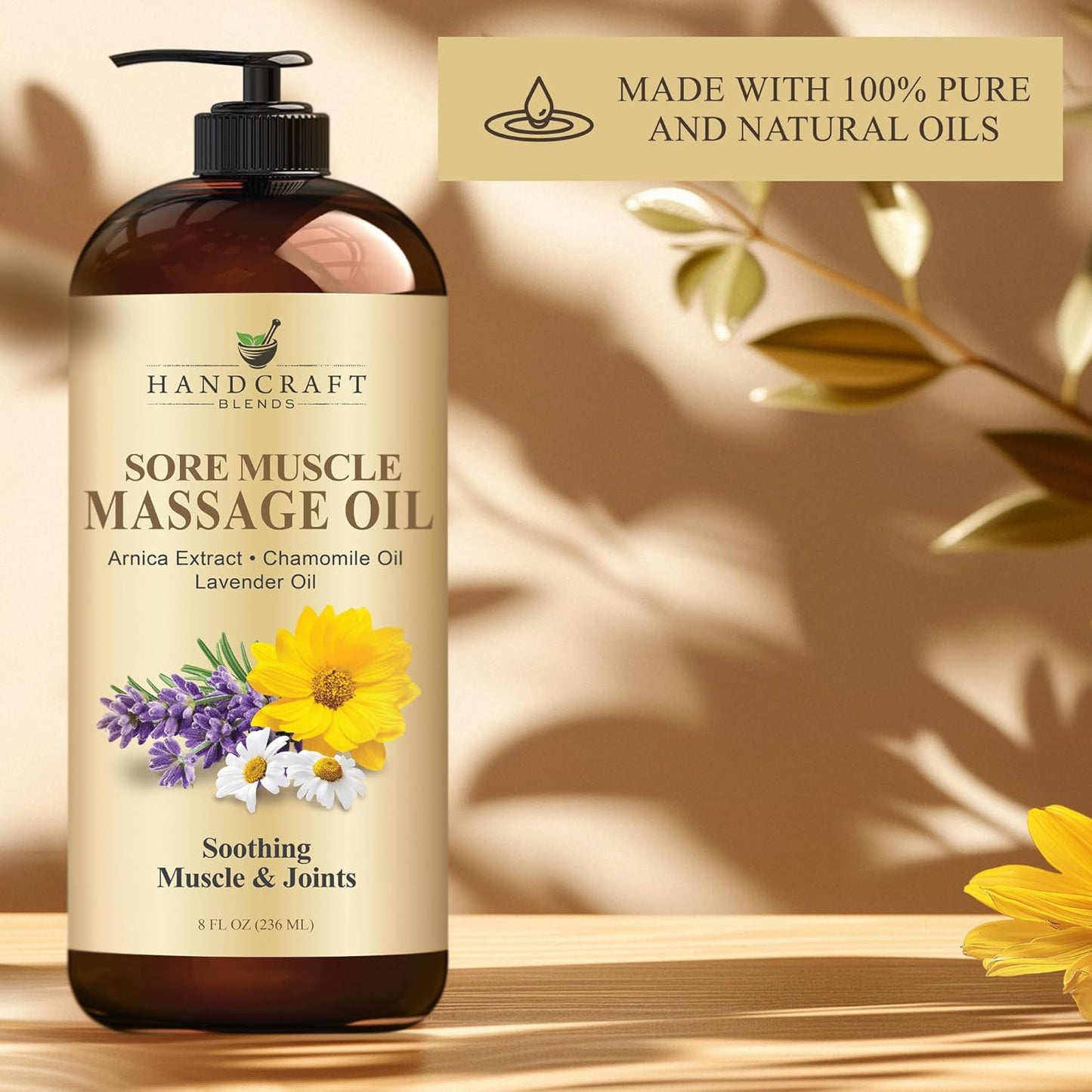 Handcraft Blends Sore Muscle Massage Oil 8 Fl Oz - Moisturizing Body Oil for Massage Therapy - Made with Arnica Extract, Chamomile, Lavender, Peppermint Oils