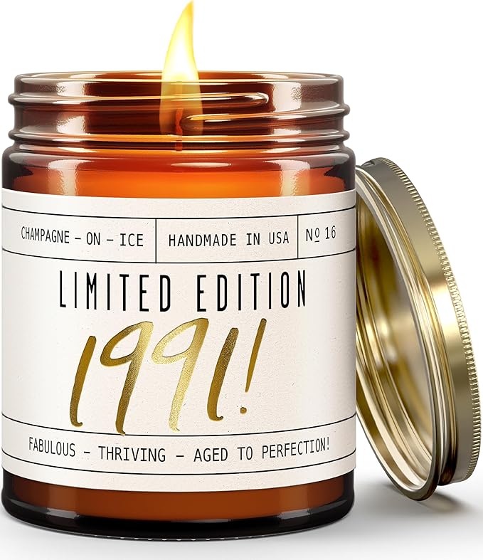 34th Birthday Gifts for Women - 'Limited Edition 1991' Soy Candle, w/Champagne on Ice I 34 Birthday Gifts for Women I 34th Gift for Her Ideas I 9oz Reusable Jar, 50Hr Burn, Made in USA - Bloomnest