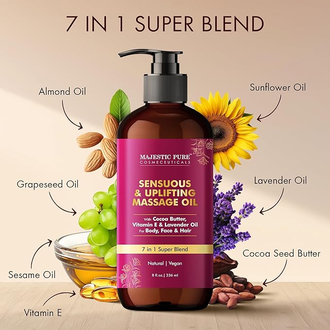 MAJESTIC PURE Cocoa Massage Oil for Massage Therapy - Refreshing, and Relaxing - Natural Oils with Cocoa Butter, Vitamin E & Lavender Oil - for All Skin Types - Men and Women - 8 fl oz - Bloomnest
