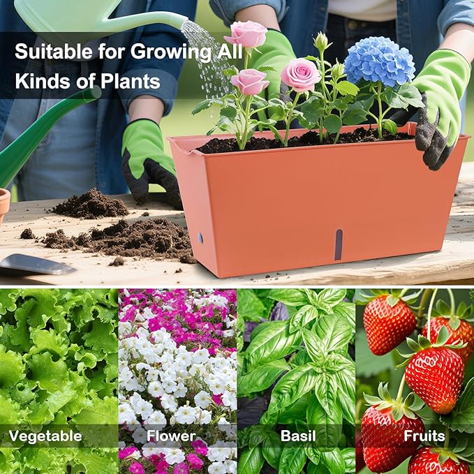 Window Box Planter 6 Pcs, 16.5 Inches Self Watering Rectangle Flower Plant Pots with Drainage Holes Trays, Vegetable Planters for Windowsill Patio Garden Balcony Porch Yard (Orange) - Bloomnest