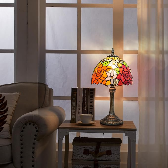 8 Inch Tiffany Stained Glass Lamp, Red And Orange Rose Flower Design, Victorian Vintage Style Bedside Lamp, Suitable For Bedroom Dining Room Office Hotel And Other Home Decoration (Gorgeous Rose) - Bloomnest