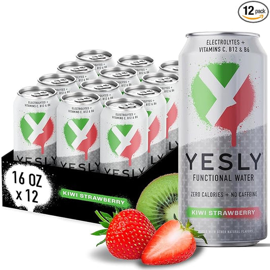 Yesly Functional Water, Kiwi Strawberry, Naturally Flavored Still Water with Electrolytes, Magnesium, Potassium, Vitamin C, B6 & B12, Zero Sugar, No Artificial Sweeteners, 16 Fl Oz Cans, 12 Pack