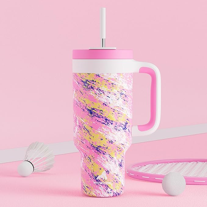 POWCAN 40 oz Tumbler with Handle, 2-in-1 Straw and Sip Lid, Leakproof, Dishwasher Safe, Insulated Stainless Steel Travel Coffee Mug, Keeps Cold for 34 Hours, Fits in Car Cup Holder (Pink Ladies) - Bloomnest