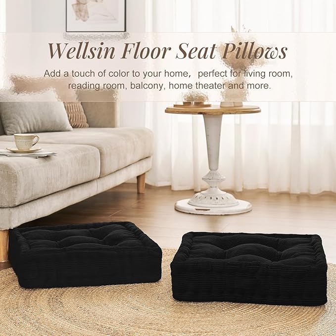 Wellsin Square Floor Pillows for Adults Kids - Meditation Floor Pillow Seating Cushion - Tufted Floor Cushion with Shredded Foam & Velvet Cover, 2 Pack, 20x20 Inch, Black