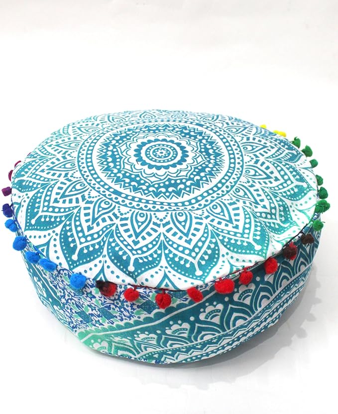 INDIAN CRAFT CASTLE ICC Mandala Barmeri Large Floor Pillow Cover Cushion Meditation Seating Ottoman Throw Cover Hippie Decorative Zipped Bohemian Pouf Ottoman Cases Green Ombre 16" Round - Bloomnest