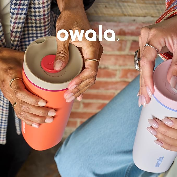 Owala SmoothSip Slider Insulated Stainless Steel Coffee Tumbler, Reusable Cup, Hot Coffee Travel Mug, BPA Free 12 oz, Pink (Pucker Up) (Pack of 8) Owala