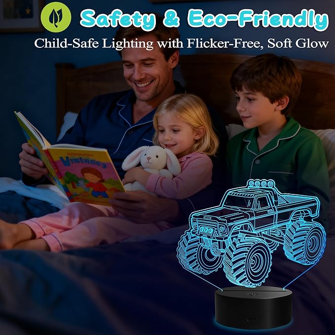 Monster Truck Night Light, Monster Truck Gifts, 3D Illusion Lamp with Remote Control, 16 RGB Colors, 4 Flashing Modes, Timer, Dimmable, Kids Room Decoration for Holiday Birthday Christmas - Bloomnest