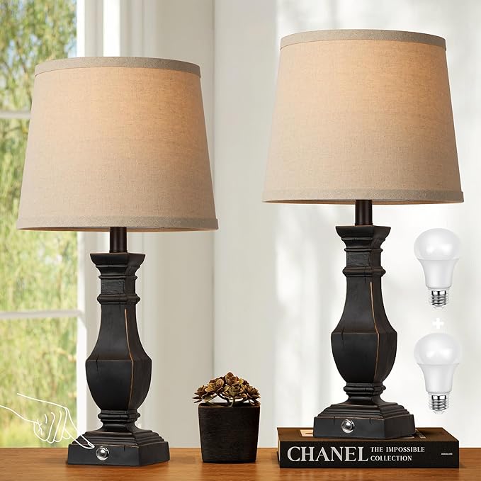 ROTTOGOON Dimmable Table Lamps Set of 2, Rustic Farmhouse Table Lamps for Living Room Bedroom, Bedside Desk Lamps for end Tables, Touch Lamps for nightstand, 9W Bulbs Included, 22", Black - Bloomnest