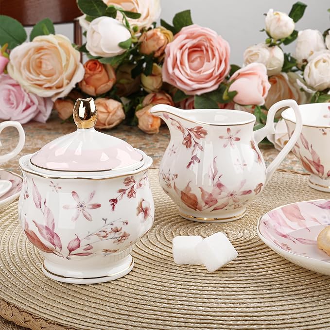 fanquare 21 Pieces British Porcelain Tea Set with Gold Trim, Pink Autumn Leaves Floral Tea Sets for Women Tea Party, 6 Teacup and Saucers for Coffee Home Wedding - Bloomnest
