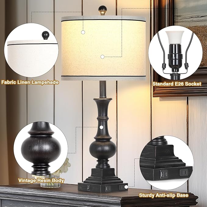 Farmhouse Lamps Set of 2, Vintage Rustic Black Table Lamps with USB A+C Fast Ports & AC Outlets, Traditional Nightstand Bedside Lamp for Living Room Bedrooms Home Office(2 LED Bulbs Included) - Bloomnest