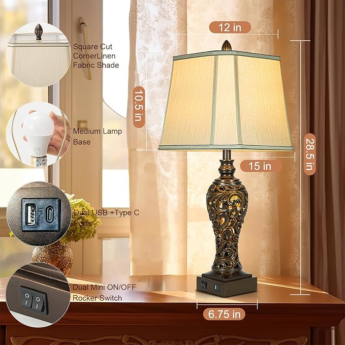 28.5" high Vintage Brown Table Lamps Set of 2 - Bedside Lamp with Faux Silk Shades - for Bedroom and Living Room with USB and Nightlight - Perfect for Nightstands and Bedrooms (Bulb Included) - Bloomnest