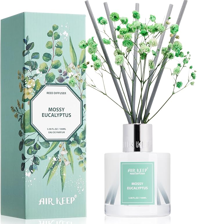 Airkeep Reed Diffuser Set,3.38 fl oz (100 ml) - Moss Eucalyptus Oil Diffusers with 8 Reed Sticks, Home Fragrance Reed Diffuser for Bathroom Shelf Decor Airkeep