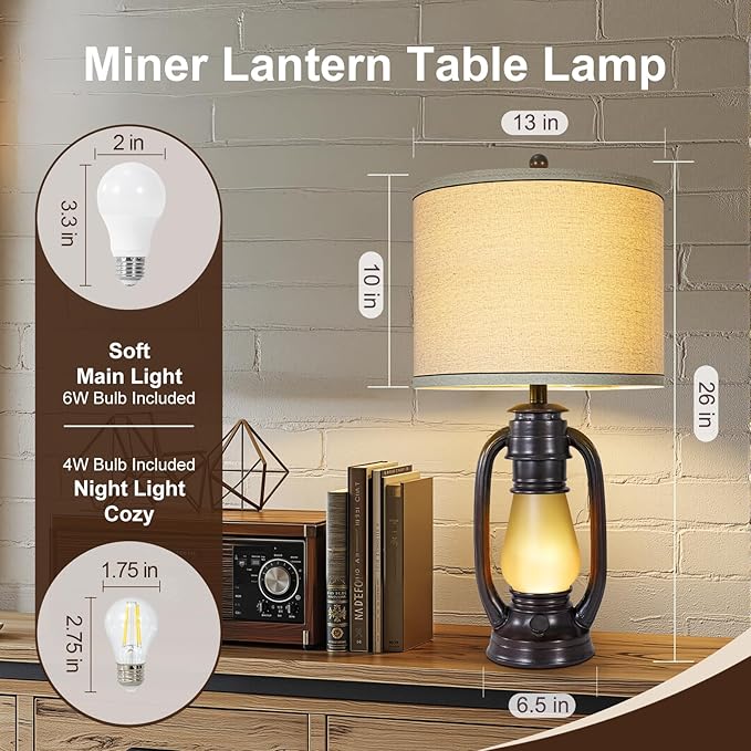 26'' Vintage Lantern Table Lamps Set of 2, Retro Bedside Nightstand Lamp with Nightlight and Linen Shade, Rustic Desk Lamp with USB A+C Ports, Farmhouse Table Lamps for Living Room Bedroom Study room - Bloomnest