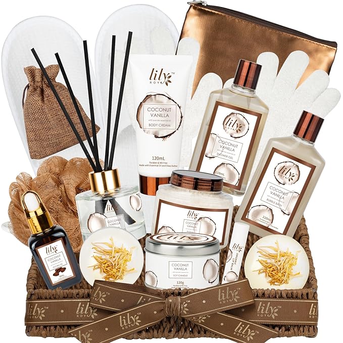 Valentines Day Gifts Bath and Body Gift Basket Set for Women - Coconut Vanilla Gift, Spa Gift Basket 17-Piece Bath Gift Set Self Care Gift for Mothers Day, Fathers Day, Birthday, Christmas Gifts