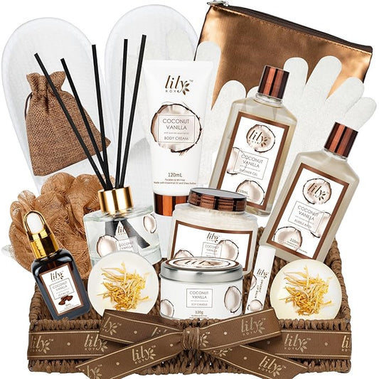 Valentines Day Gifts Bath and Body Gift Basket Set for Women - Coconut Vanilla Gift, Spa Gift Basket 17-Piece Bath Gift Set Self Care Gift for Mothers Day, Fathers Day, Birthday, Christmas Gifts