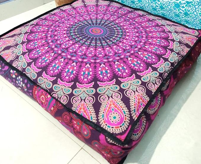 INDIAN CRAFT CASTLE 24" Pink Peacock Mandala Barmeri Large Floor Pillow Cover Cushion Meditation Seating Ottoman Throw Cover Hippie Decorative Zipped Bohemian Pouf Ottoman Pom Pom Cases 24" Square - Bloomnest