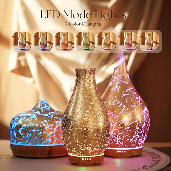 Porseme 100ml Gold-Plated Volcano Essential Oil Diffuser 3D Glass - Elegant and Effective Aromatherapy with 7 Color Changing LEDs and Waterless Auto-Off, BPA Free for Home Yoga Leisure SPA Gift Porseme