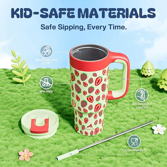 24 oz Metal Tumbler Cup for Girls: Easy Grip Handle, Leak-Proof when Sealed, Easy to Clean, Double Wall Vacuum Cup for Home, School, Daycare, Party, Picnic, Hiking, Travel, Gift (Strawberry Pop) - Bloomnest