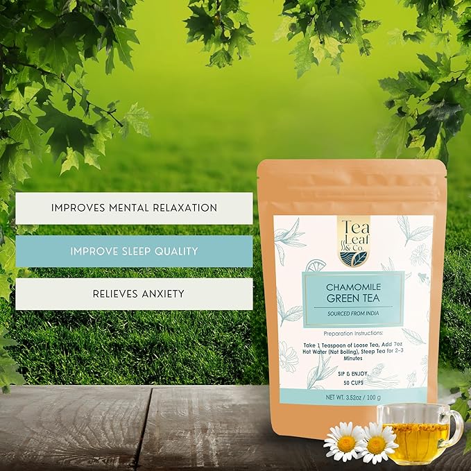 Tealeaf & Co. Chamomile Green Tea Loose Leaf with Lemon Extract and Lemongrass - Chamomile Tea - Contains Low Caffeine - Upto 50 Servings - Gluten Free (3.52oz/100gm) - Bloomnest