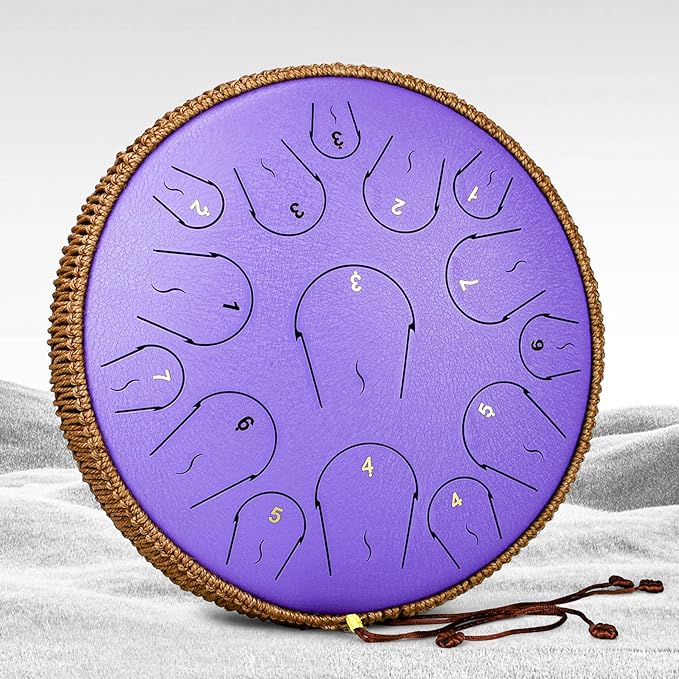 Steel Tongue Drum - 14 Inch 15 Note Tongue Drum - Hand Pan Drum with Music Book, Handpan Mallets and Carry Bag, C Major, Purple - Bloomnest