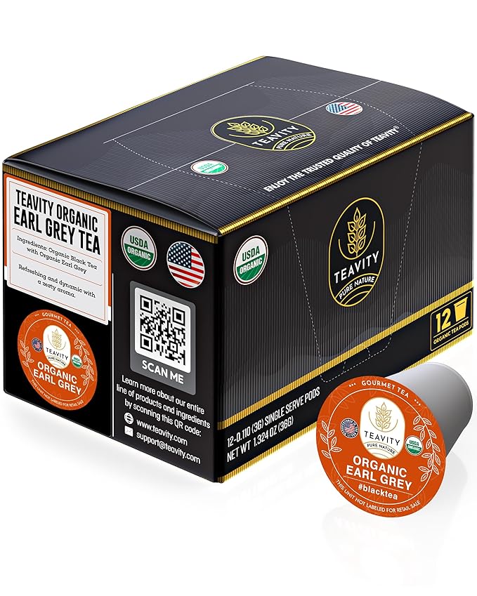 Organic Earl Grey Tea Pods for Keurig - Caffeinated Unsweet Black Tea for K Cup Brewing by Teavity (12 Tea Pods) - Bloomnest