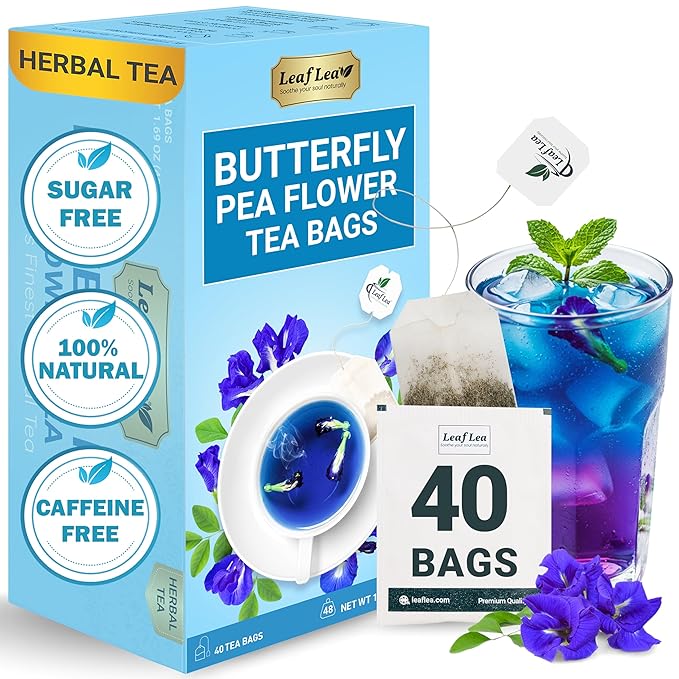 LeafLea 40 Butterfly Pea Flower Tea Bags, Herbal Flower Tea for Relaxation, Mocktails, and Natural Food Coloring, Caffeine-Free, Sugar-Free, Non-GMO - Bloomnest