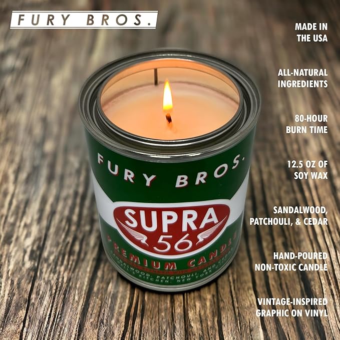 Fury Bros. Scented Candles for Men | Supra 56 | Sandalwood Patchouli Cedar | Natural Soy Wax | Hand-Poured in The USA | Long 70-80 Hour Burn (12.5 oz) | Vintage-Inspired Tin Design | Dad Home Gift - Bloomnest