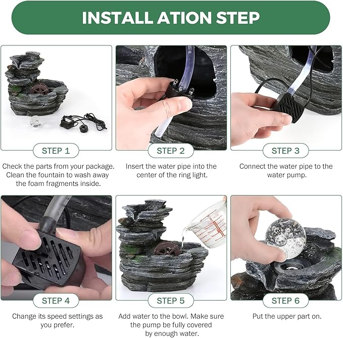 Tabletop Water Fountain,Environmental Resin Meditation Waterfall,Desktop Fountain with Waterwheel,Indoor Waterfall Feature with Crystal Ball and Light for Home Office Decor Relaxation 10X7X11in