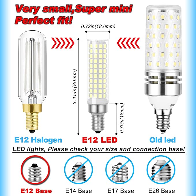 E12 100w Dimmable LED Candelabra Bulbs Replacement C7,6000K Daylight Bright Cool White,1000 Lumen T6 E12 12W LED Candle Bulbs for Ceiling Fan Chandelier Pendant Lighting Salt Lamp,No Flicker,2 Pack - Bloomnest