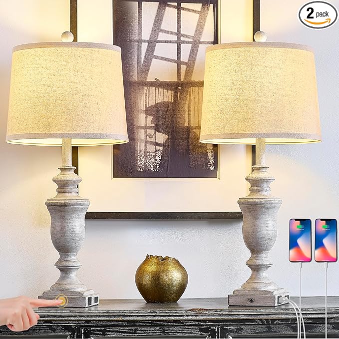 27.5" Set of 2 Farmhouse Table Lamps for Bedroom, 3 Way Dimmable Bedside Lamp with 2 USB +AC Outlet Nightstand Lamps for Living Room Resin Rustic Touch Lamps (Antique Gray) - Bloomnest