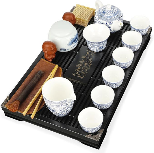 fanquare Kung Fu Tea Sets, Peony Pattern Blue and White Porcelain Teapot with Cups, Tea Tray, Chinese Tea Ceremony Set with Fair Cup, Tea Canister for Home Office and Gifts