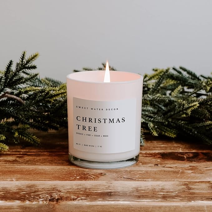 Sweet Water Decor Christmas Tree Soy Candle - Pine Needles, Cedarwood, Cypress, and Evergreen Holiday Scented Candles for Home - 11oz White Jar + Wood Lid, 50+ Hour Burn Time, Made in The USA - Bloomnest