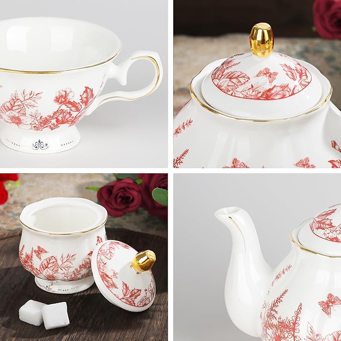 fanquare Vintage Porcelain Tea Set with Holder, 22 Piece Red Floral New Bone China Tea Coffee Gift Sets for Wedding Birthday, 6 Tea Cup and Saucers for Women Tea Party - Bloomnest