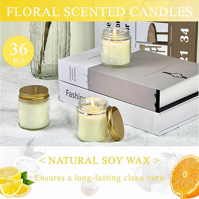 ACITHGL 36 Pcs 4oz Mini Mason Jar Candles Small Scented Candles Bulk Aromatherapy Ideal Souvenir Favors for Wedding Birthday Party (Lemon, Citrus, Coconut Milk, Gold) - Bloomnest