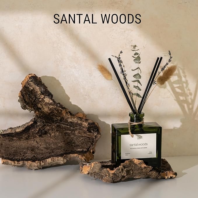 Craft & Kin Reed Diffuser with Dried Flowers | 5 oz Santal Woods Scented Reed Diffusers for Home, Bathroom | Scent Sticks | Elegant Fragrance Home Decor for Men & Women CraftKin