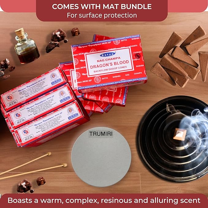 Dragon's Blood Backflow Incense Cones for Waterfall Aromatic Smoke Fountain Haze Falls and Mat Bundle - Pack of 6 TRUMIRI