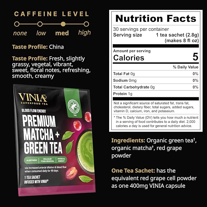 VINIA Premium Matcha + Green Tea Bags, Made with Organic Tea, Infused with Piceid Resveratrol for Heart Health, Nitric Oxide, Physical Energy, Alertness, Blood Flow, Keto, Kosher, NON-GMO. 30 Ct - Bloomnest