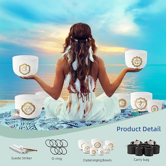 RYAN DVAN 432 hz 7-12 Inch Set of 7 Gold Chakra Design Quartz Crystal Singing Bowl Chakra Set with Free 2 pcs Carrying Case - Bloomnest