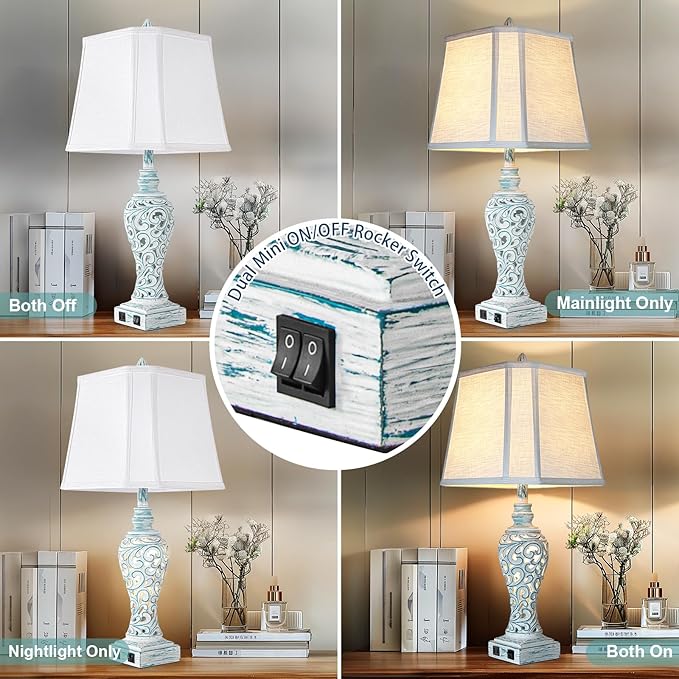 Table Lamp Bedside Lamps Set of 2, 28.5'' Luxsight Farmhouse Table Lamps for Bedroom, Lamps for Nightstands with Night Lights, with USB C+A Ports, Rustic Lamp for Living Room, Bulb Included - Bloomnest
