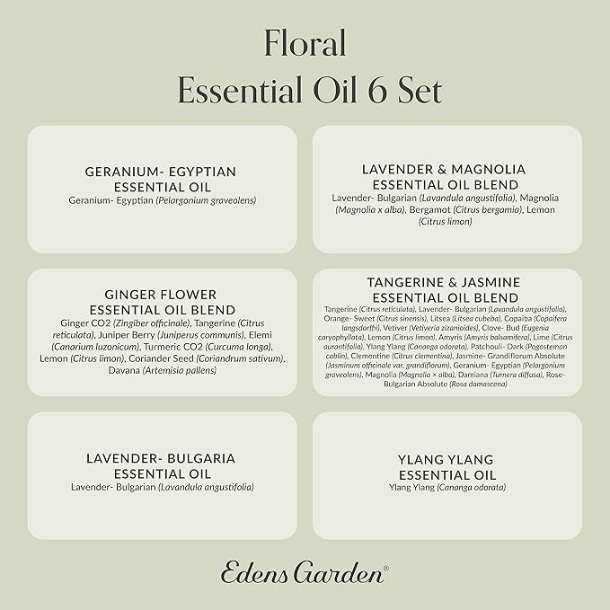 Edens Garden Floral Essential Oils 6 Set – 100% Pure Therapeutic Grade Blends: Geranium, Lavender, Magnolia, Tangerine, Jasmine, Ylang Ylang – No Fragrance Oil - Ideal For Home Diffuser, 10 ml/ 6 Pack - Bloomnest