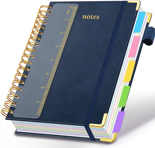 Hardcover Spiral Notebook 6.2"x 8.2" Journal Notebook with Tabs and Removable Dividers 300 Pages 5 Subject Notebook College Ruled, Faux Leather Spiral Bound Notebook for Women School Work(Dark Blue) - Bloomnest