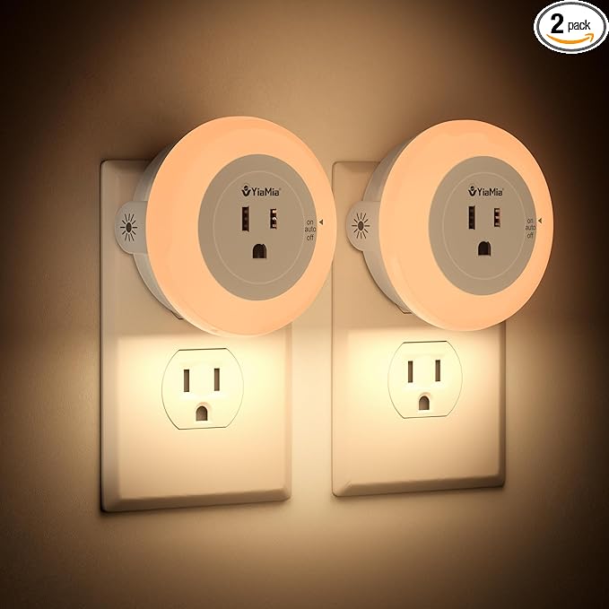YiaMia Night Lights Plug Into Wall, Dusk to Dawn Sensor Night Light with Outlet, Warm Light Dimmable Nightlights–5-25 Lumens, Auto On/Off, Perfect for Bedroom, Hallway, Living Room & Kitchen,2Pack - Bloomnest