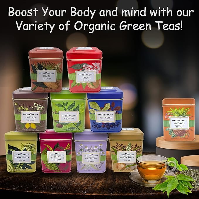Organic Peach Ceylon Green Tea - 50 Packets - Natural Antioxidant Rich Herbal Leaf Teabags - USDA Certified 100% Non-GMO - Caffeinated Designer Gift Tin - Bloomnest