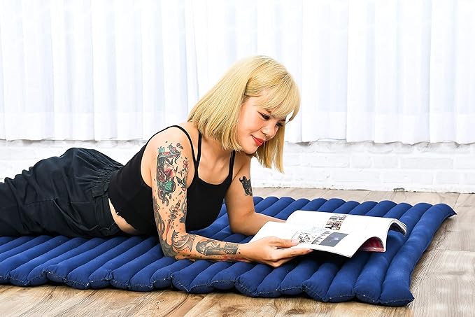 Leewadee - Kapok Roll Mat – Handcrafted Folding Sleep & Relaxation Mattress from Thailand, Ideal as Guest Bed, Camping Mat, Yoga Mat or Traditional Futon, 75 x 39 inches, Blue - Bloomnest