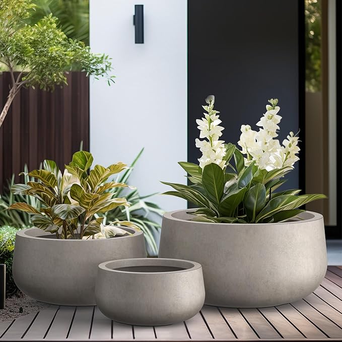 Kante 19.6",15.7",11.8" Dia Round Concrete Planters Set of 3, Outdoor Indoor Large Plant Pots with Drainage Hole, Modern Curvaceous Design, Weathered Concrete - Bloomnest