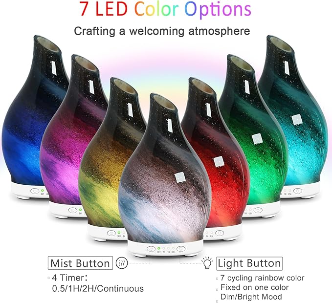 Essential Oil Diffuser 120ML Glass Aromatherapy Diffuser with 4 Timer Settings & 7 Color Changing Lights, Auto Shut-Off, Ultra Quiet Oil Diffuser for Home, Office, Yoga, Spa and Sleeping - Bloomnest